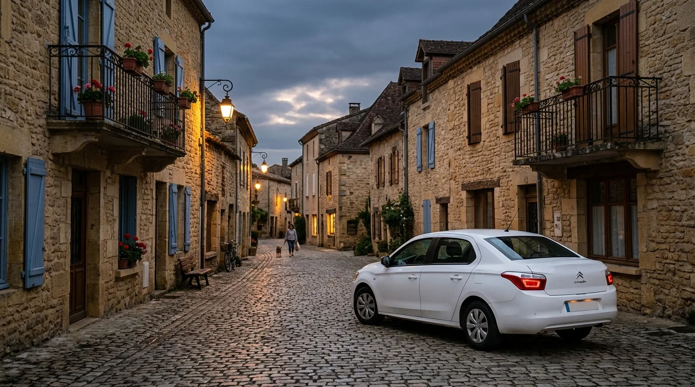 Taxi garé dans une rue du centre-ville de Corgier, transport local